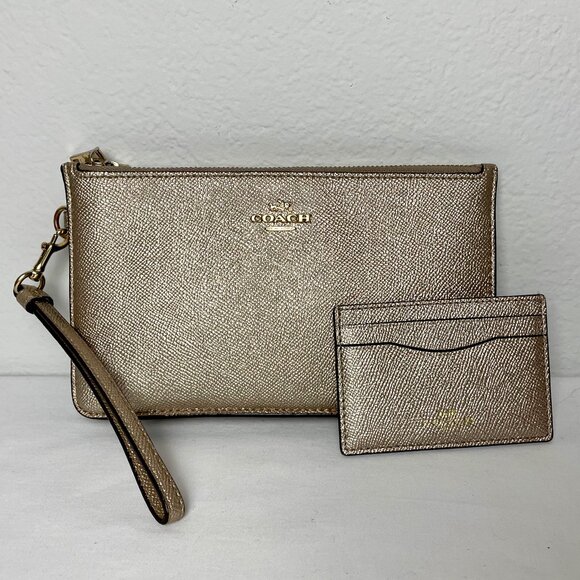 Coach Handbags - RARE Coach Light Gold Champagne Metallic Leather Double Zipper Wristlet Clutch